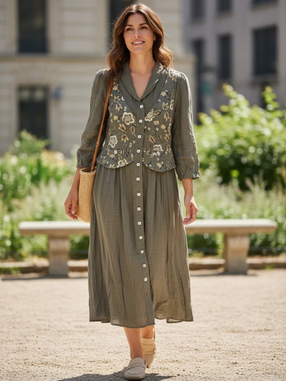 Ultra Dress Floral Embroidered Button-Down Midi Dress 10 Rayon Green Vintage